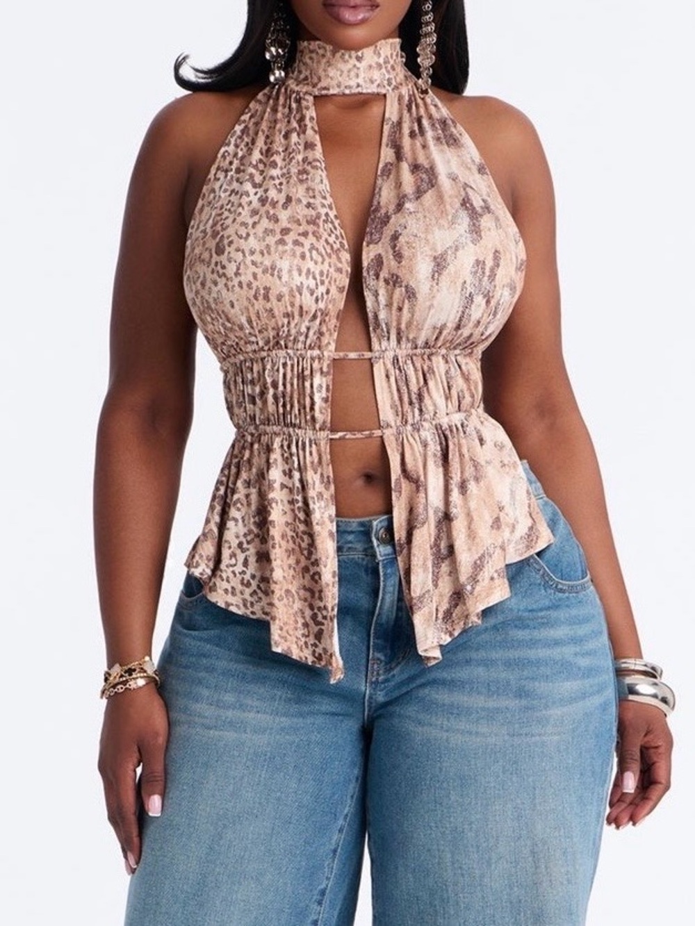 Leopard Halter Tie-Front Top - Beige Animal Print